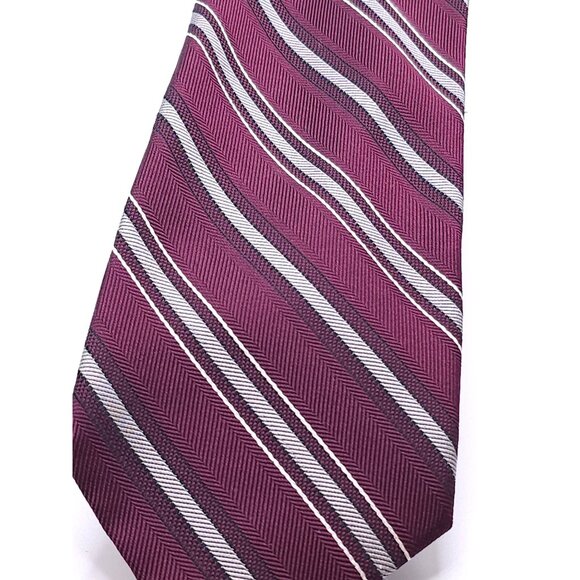 Jos. A. Bank Signature Collection Burgundy & Silver Striped 100% Silk Men's Tie - Picture 12 of 14